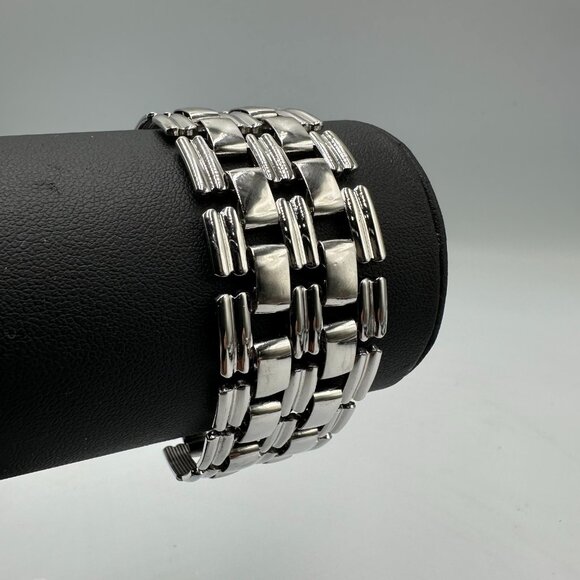 Vintage Wide Link Bracelet Silver Tone Flat Panel Statement Jewelry 7 Inch - Picture 1 of 8